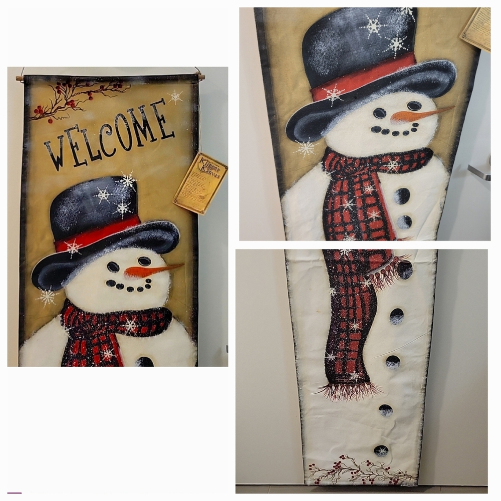 Klipper Kanvas Snowman Welcome Wall Art WELCOME hanging on painted canvas